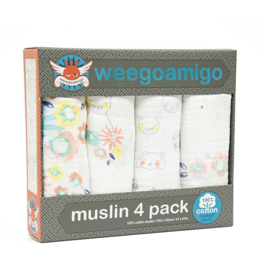 Weegoamigo Muslin Swaddle Wraps Bunny Floral 4pk Carry Them Close