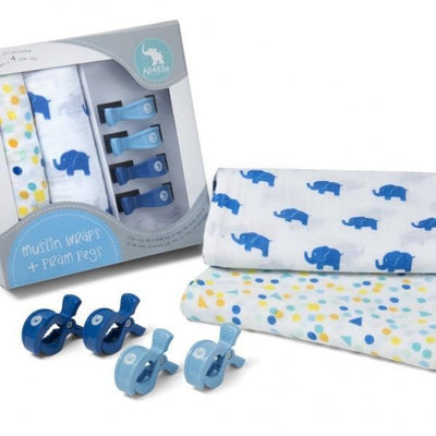 All4Ella Muslin Baby Swaddle Wraps & Pram Pegs Set - Elephants & Spots Blue - Swaddle - All4Ella - Afterpay - Zippay Carry Them Close