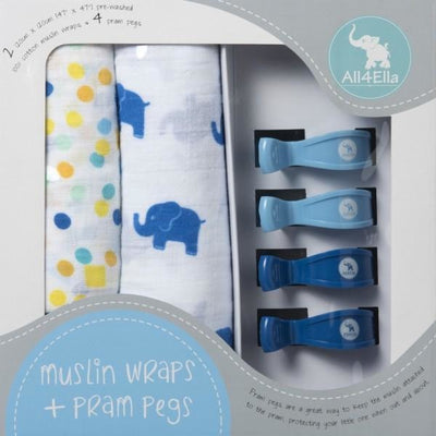 All4Ella Muslin Baby Swaddle Wraps & Pram Pegs Set - Elephants & Spots Blue - Swaddle - All4Ella - Afterpay - Zippay Carry Them Close