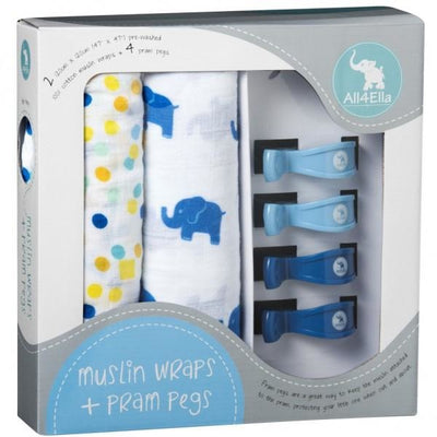 All4Ella Muslin Baby Swaddle Wraps & Pram Pegs Set - Elephants & Spots Blue - Swaddle - All4Ella - Afterpay - Zippay Carry Them Close