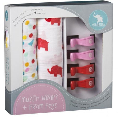 All4Ella Muslin Baby Swaddle Wraps & Pram Pegs Set - Elephants & Spots Red - Swaddle - All4Ella - Afterpay - Zippay Carry Them Close