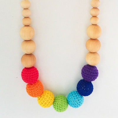 Crochet and Wood Bead Nursing Necklace - Rainbow - Teething Necklace - Nature Bubz - Afterpay - Zippay Carry Them Close