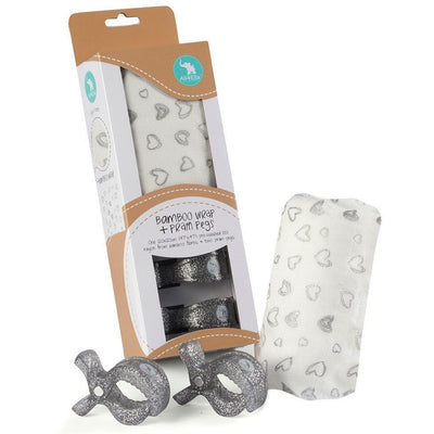 All4Ella Bamboo Baby Swaddle Wrap & Pram Peg Set - Silver Hearts - Swaddle - All4Ella - Afterpay - Zippay Carry Them Close