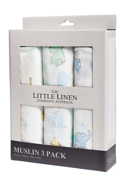 The Little Linen Company - Cotton Muslin Baby Swaddle (3Pk) - Jungle Mates