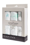 The Little Linen Company - Cotton Muslin Baby Swaddle (3Pk) - Teal Star