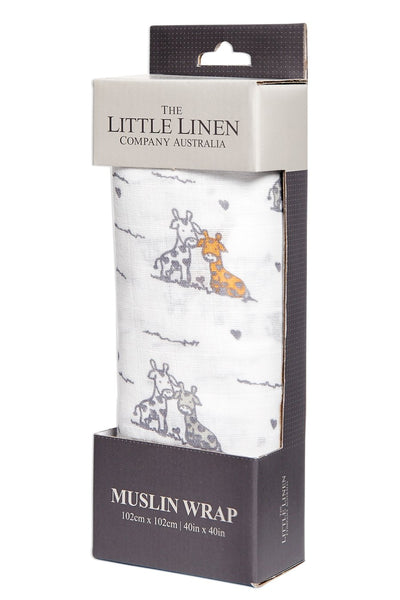 The Little Linen Company - Cotton Muslin Baby Swaddle - Giraffe Friends