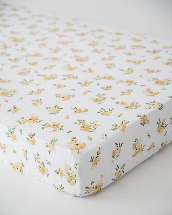 Little Unicorn - Cotton Muslin Cot Sheet - Yellow Rose