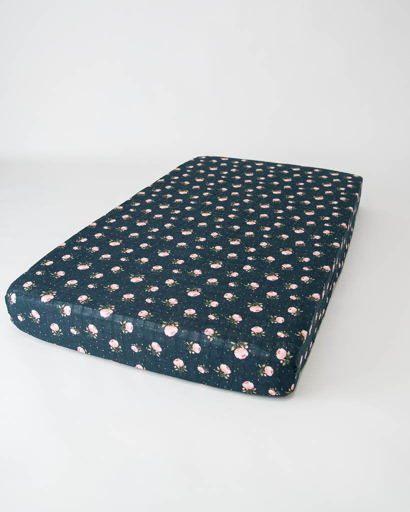 Little Unicorn - Cotton Muslin Cot Sheet - Midnight Rose